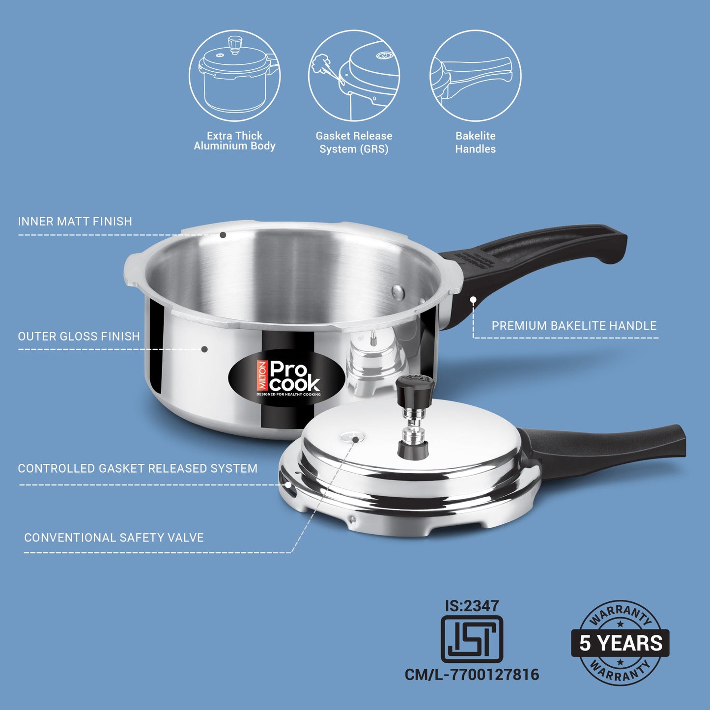 Pressure Cooker Outer Lid Aluminium Non Induction (Milton Procook)