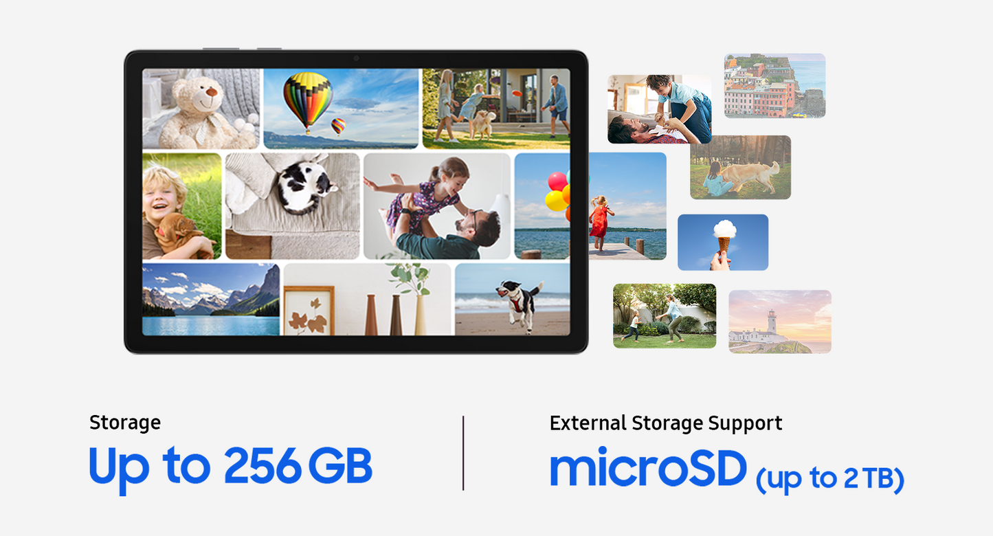 Tablet with photo collage on screen displaying storage and microSD card support features.