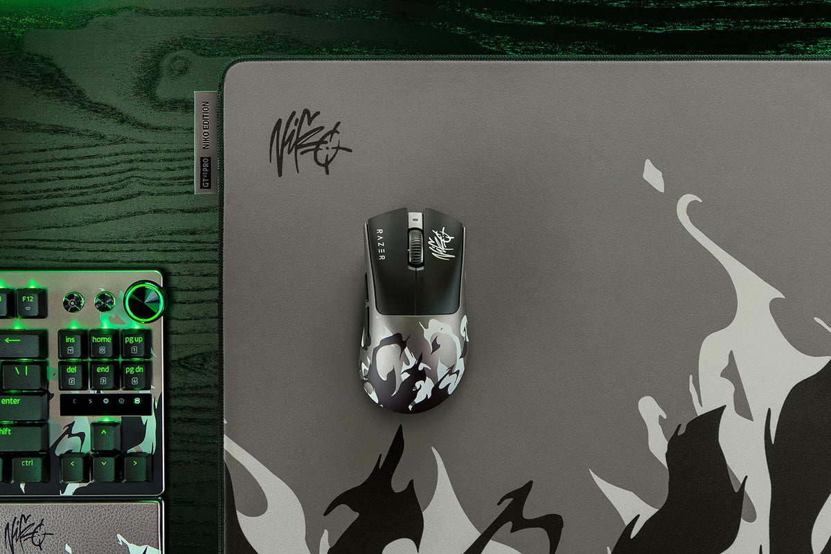 Razer DeathAdder V4 Pro NiKo Edition gaming mouse showing buttons and optical scroll wheel