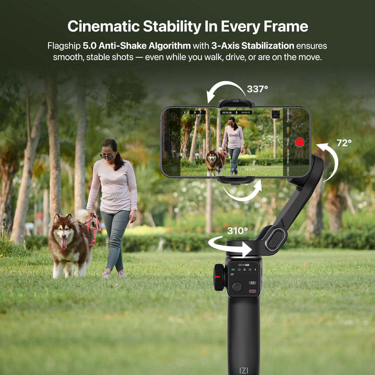 IZI GO-X PRO Foldable Gimbal for Smartphones, 3-Axis Stabilizer with Extension Rod, 6 Modes, AI Face Tracking