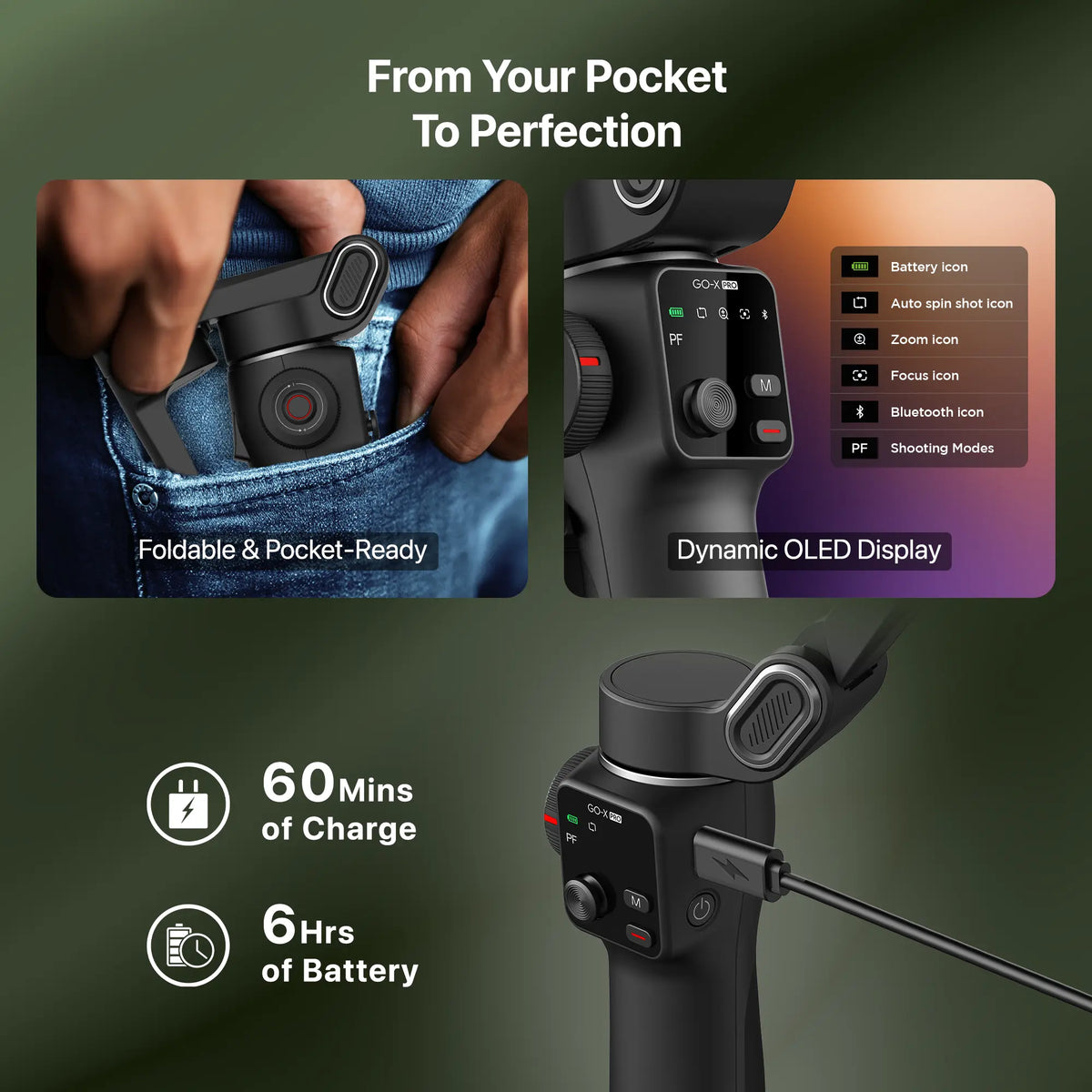 IZI GO-X PRO Foldable Gimbal for Smartphones, 3-Axis Stabilizer with Extension Rod, 6 Modes, AI Face Tracking