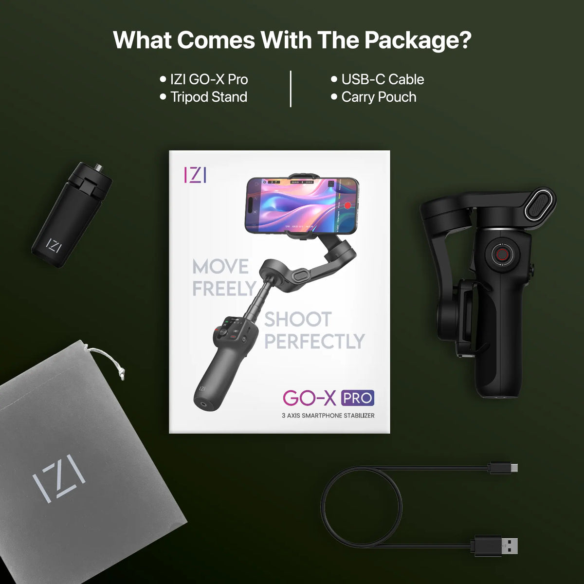 IZI GO-X PRO Foldable Gimbal for Smartphones, 3-Axis Stabilizer with Extension Rod, 6 Modes, AI Face Tracking