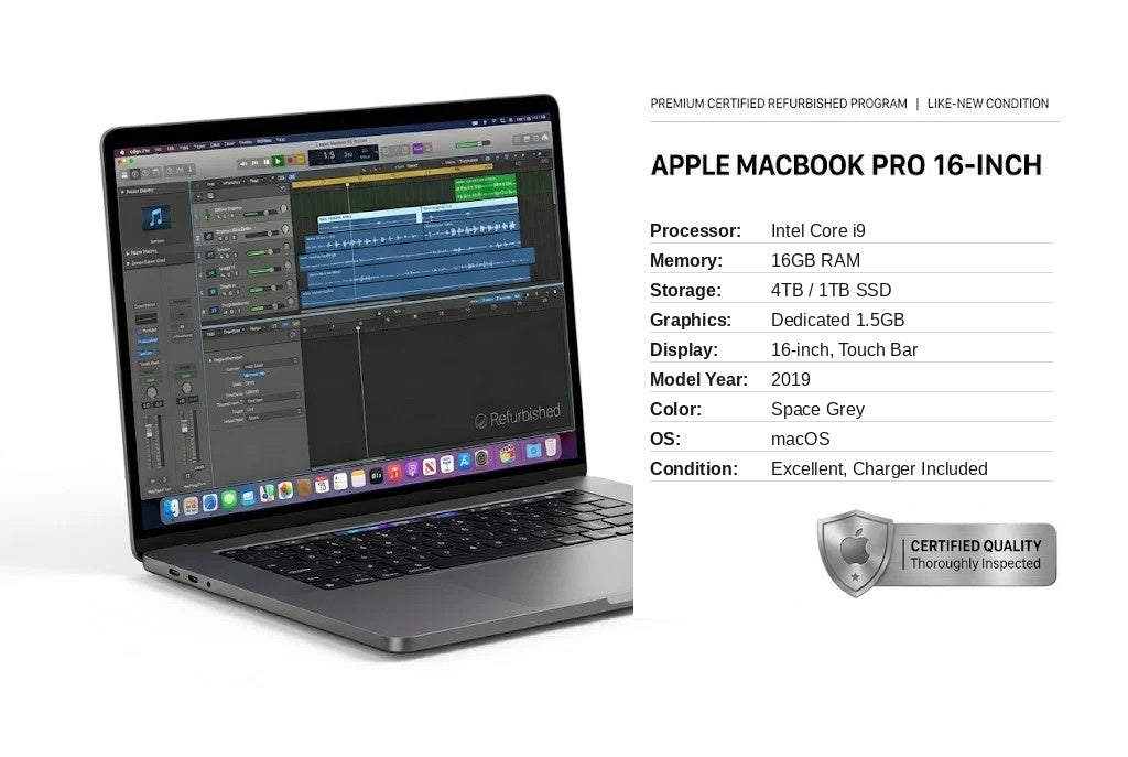 An Apple MacBook Pro 16-inch laptop shown open on a white background, with a text panel listing specifications and a 'Certified Quality' badge. The laptop screen displays audio software.