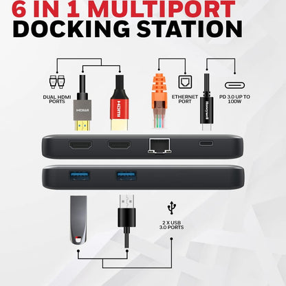 Honeywell Type C Docking Station with Dual HDMI, 2xHDMI UHD Ports 8K 60Hz 4K 120Hz, 2xUSB 3.0 Ports with 5Gbps, Gigabit Ethernet Port with 1000Mbps, Type C PD3.0, 100W PD Output, 6 in 1 Adapter/Hub-Laptop Docking Stations-Honeywell-computerspace