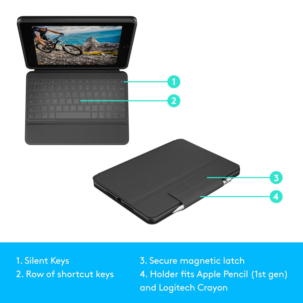 Logitech Rugged Folio for iPad (7th, 8th, & 9th Generation) Protective Keyboard Case with Smart Connector and Durable Spill-Proof Keyboard, 25.91 cm (10.2"), QWERTY UK English Layout - Black-computerspace-computerspace