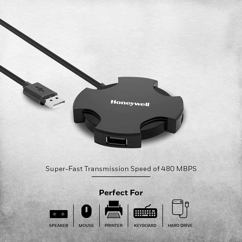 Honeywell 4 Port USB Non-Powered Hub 2.0- Black 1.2M Length Cable, 90 Gram (HC000011/LAP/NPH/4U/BLK)-USB Hub-Honeywell-computerspace