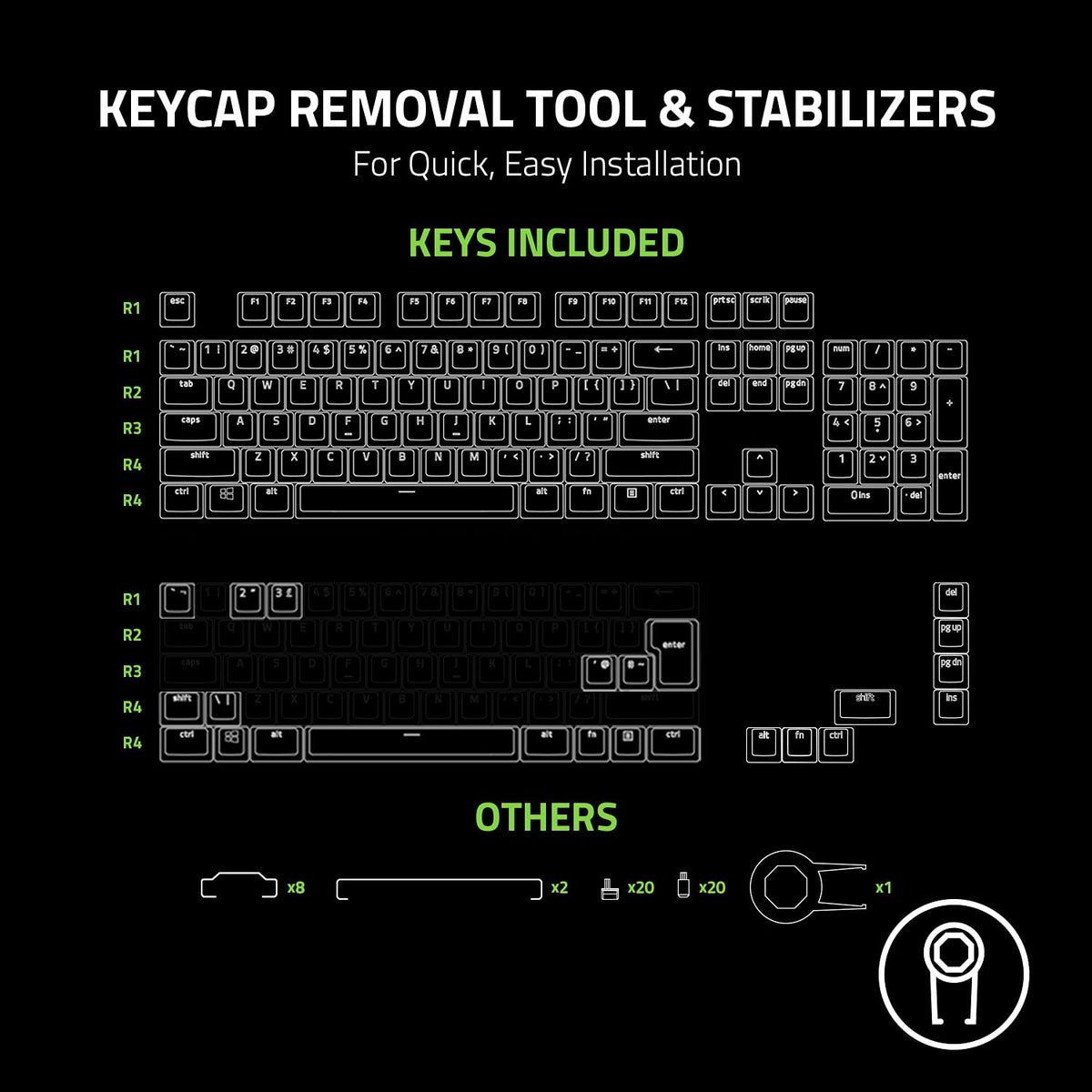 Razer Phantom Keycap Upgrade Set Unique Stealth Design Translucent Sides Bottom Lasered Legends Keycap Removal Tools & Stablizers Universal Compatiability Black, RC21-01740100-R3M1-KEYBOARD-RAZER-computerspace