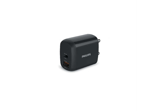 PHILIPS Wall Charher, India Plug, USB-A And Type -C Dual Port Black, PD 20W / QC 18W - DLP4326C/94-Charger-Philips-computerspace
