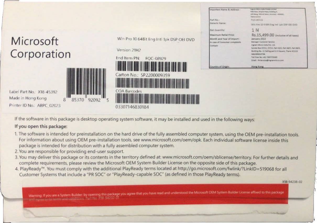 Microsoft Windows 10 Professional English INTL: 32 and 64 Bits on DVD OEM-Windows 10-Microsoft-computerspace