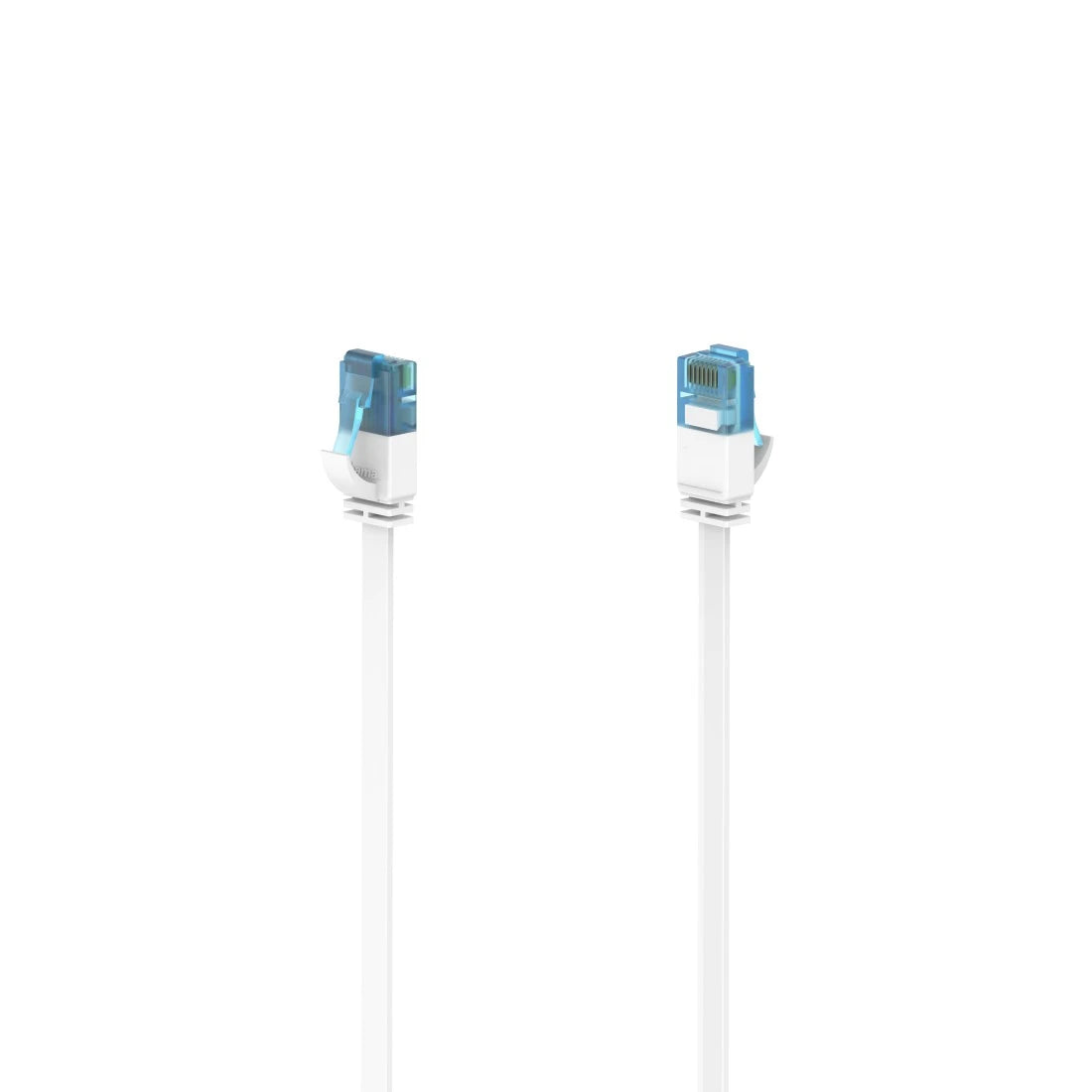 Two white cables with blue connectors on a white background