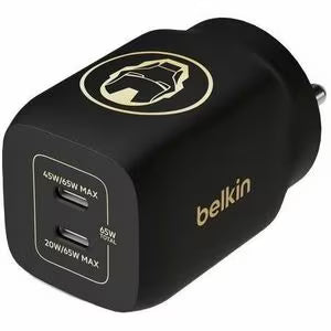 Belkin X Marvel, Ironman Edition, 65W Gan Dual USB-C Pd 3.0 Fast Charger with Pps Technology, Compact Size for Type-C Supported Devices for Laptops- Black & Gold