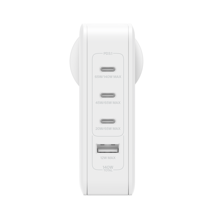 Belkin 140W GaN 4-Port (3X USB-C and 1x USB-A) PD 3.1 Fast Wall Charger, Compact Size, Compatible with MacBook Pro, MacBook Air, USB-C Laptops, iPhone 15 & Other USB-C Devices - White-Power Adapters & Chargers-Belkin-computerspace