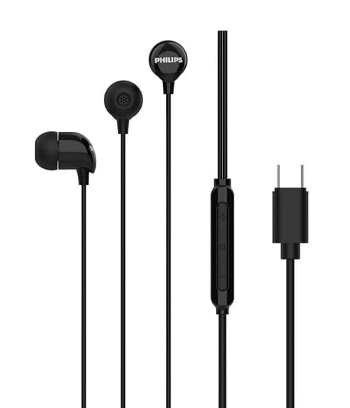 Philips TAE2146BK in-Ear Wired Headphones with USB-C Plug, 10mm Drivers for Deep Dynamic Bass and Clear Sound, in-Line Mic with Call Button, 3 Interchangeable Ear Caps, 1.2m Durable Cable (Black)