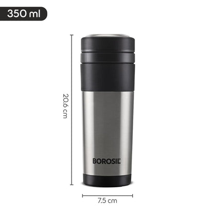 Borosil 350ml Hydra Travelmate Stainless Steel Travel Mug | 8 Hours Hot & 14 Hours Cold | Double Wall Vacuum Insulated | Tea & Coffee Spill Proof Flask for Office, School & College