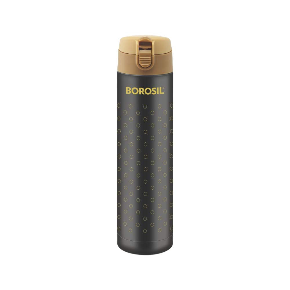 Borosil - Stainless Steel Polka - Vacuum Insulated Flask Flip Top Water Bottle, Black, 350ML