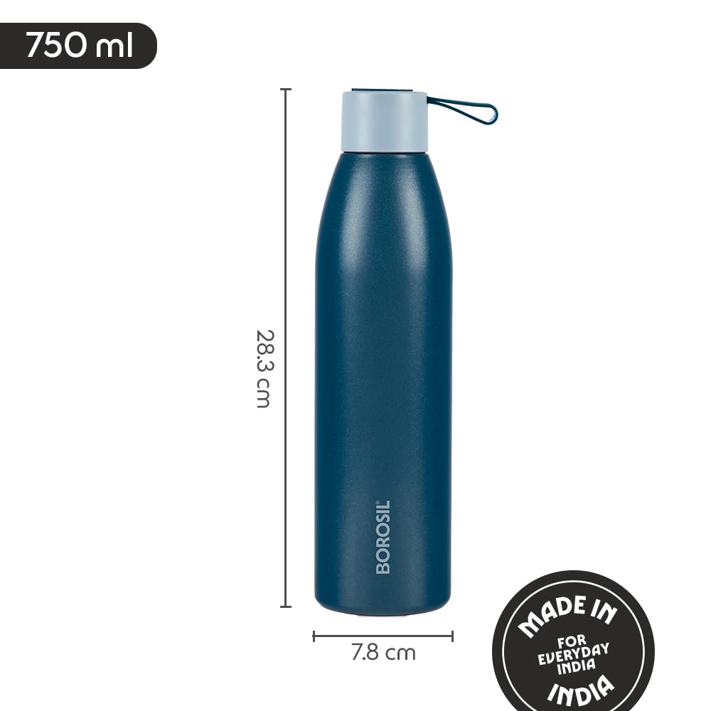 Borosil Hydra 750ml Duomate Blue Stainless Steel Bottle | 24 Hours Hot and Cold Double Wall Vacuum Insulated with Copper Coating | 1 Year Warranty