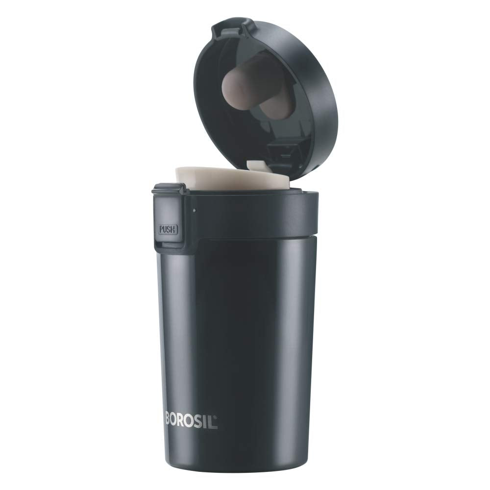 Borosil Coffeemate 380 ml Stainless Steel Vacuum-Insulated Travel Flask, Black