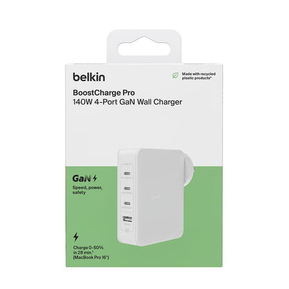 Belkin 140W GaN 4-Port (3X USB-C and 1x USB-A) PD 3.1 Fast Wall Charger, Compact Size, Compatible with MacBook Pro, MacBook Air, USB-C Laptops, iPhone 15 & Other USB-C Devices - White