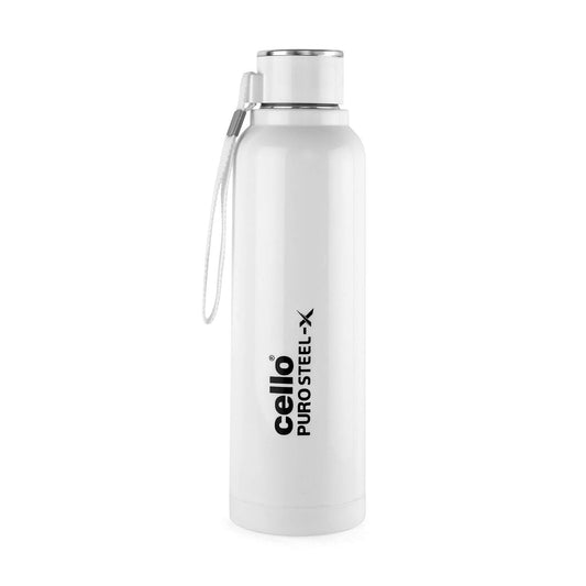 CELLO Puro Steel-X Benz 900 | Leak Proof| Wide Mouth & Easy to Open | Insulated Inner Steel Water Bottle | 730ml | White