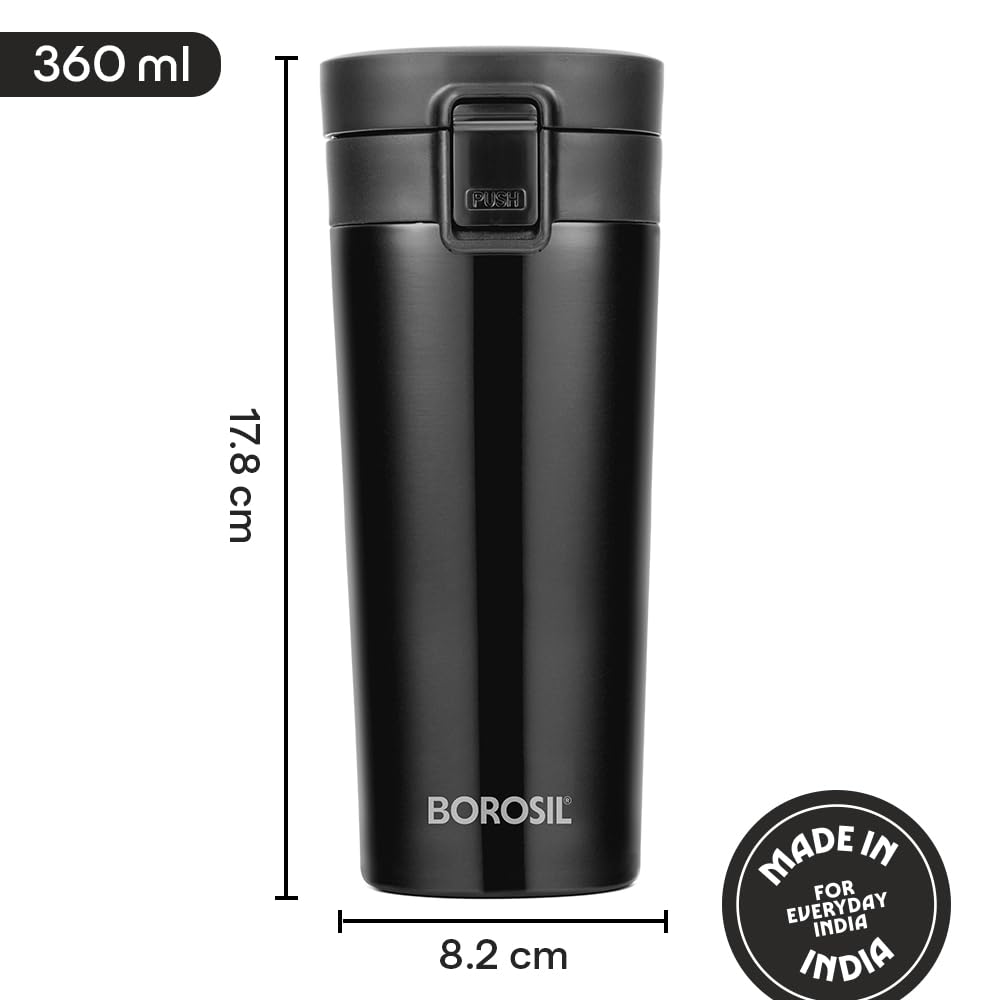Borosil Coffeemate 380 ml Stainless Steel Vacuum-Insulated Travel Flask, Black