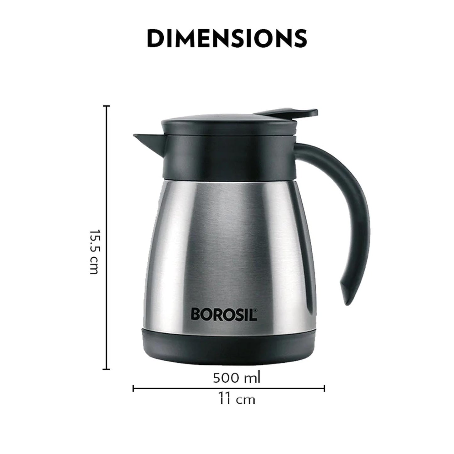 Borosil Stainless Steel 500ml Teapot with Handle | Double Wall Vacuum Insulated Thermosteel Carafe | BPA Free Jug for Tea/Coffee & Juice | 12 Hours Hot & 14 Hours Cold | 1 Year Warranty, Black