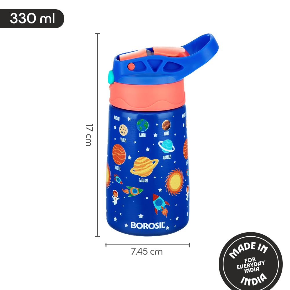 Borosil Space Kids Stainless Steel Water Bottle 330ml | Insulated School Sipper Bottle with Straw | Hot & Cold | Leakproof | ISI Certified