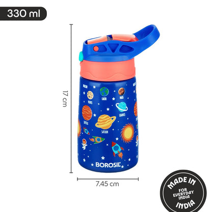 Borosil Space Kids Stainless Steel Water Bottle 330ml | Insulated School Sipper Bottle with Straw | Hot & Cold | Leakproof | ISI Certified