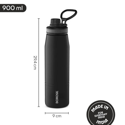 Borosil 900ml Gosports Stainless Steel Water Bottle | Double Wall Vacuum Insulated Flask | Hot 14 Hrs & Cold 18 Hrs | Leakproof, BPA Free | ISI Certified | 1 Year Warranty