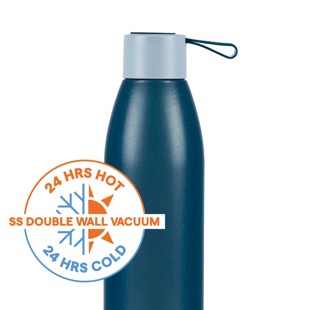 Borosil Hydra 750ml Duomate Blue Stainless Steel Bottle | 24 Hours Hot and Cold Double Wall Vacuum Insulated with Copper Coating | 1 Year Warranty