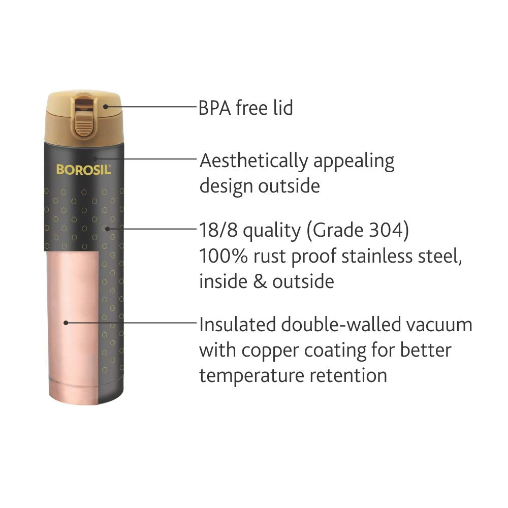 Borosil - Stainless Steel Polka - Vacuum Insulated Flask Flip Top Water Bottle, Black, 350ML