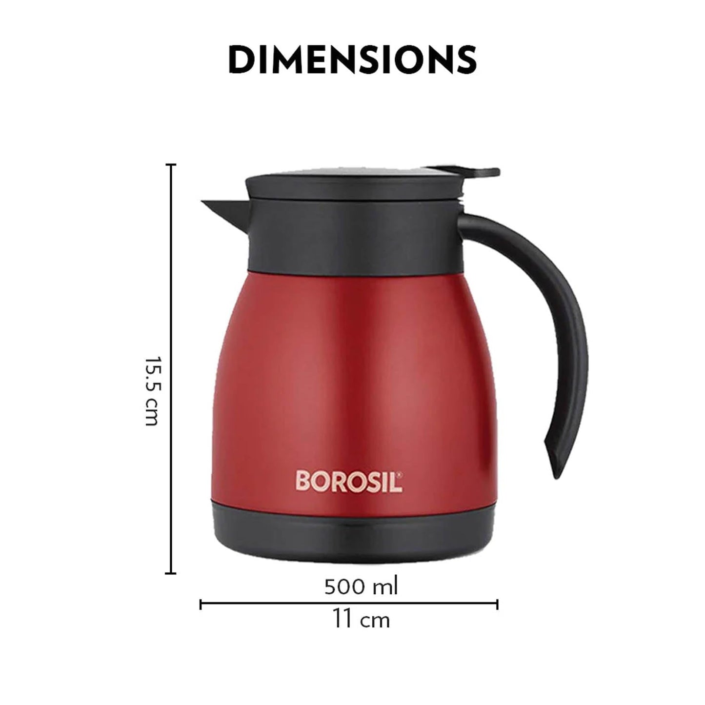 Borosil Stainless Steel 500ml Teapot with Handle | Double Wall Vacuum Insulated Thermosteel Carafe | BPA Free Jug for Tea/Coffee & Juice | 12 Hours Hot & 14 Hours Cold | 1 Year Warranty, Black