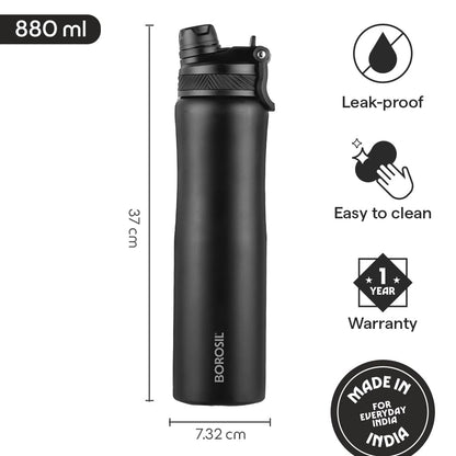 Borosil 800ml Duosport Stainless Steel Bottle with Straw & Sipper Lid | 14 Hrs Hot & 18 Hrs Cold Made in India Double Wall Vacuum Flask | Office, School, Gym & Travel | 1 Year Warranty
