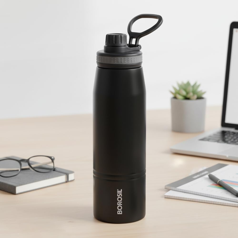 Borosil 900ml Gosports Stainless Steel Water Bottle | Double Wall Vacuum Insulated Flask | Hot 14 Hrs & Cold 18 Hrs | Leakproof, BPA Free | ISI Certified | 1 Year Warranty