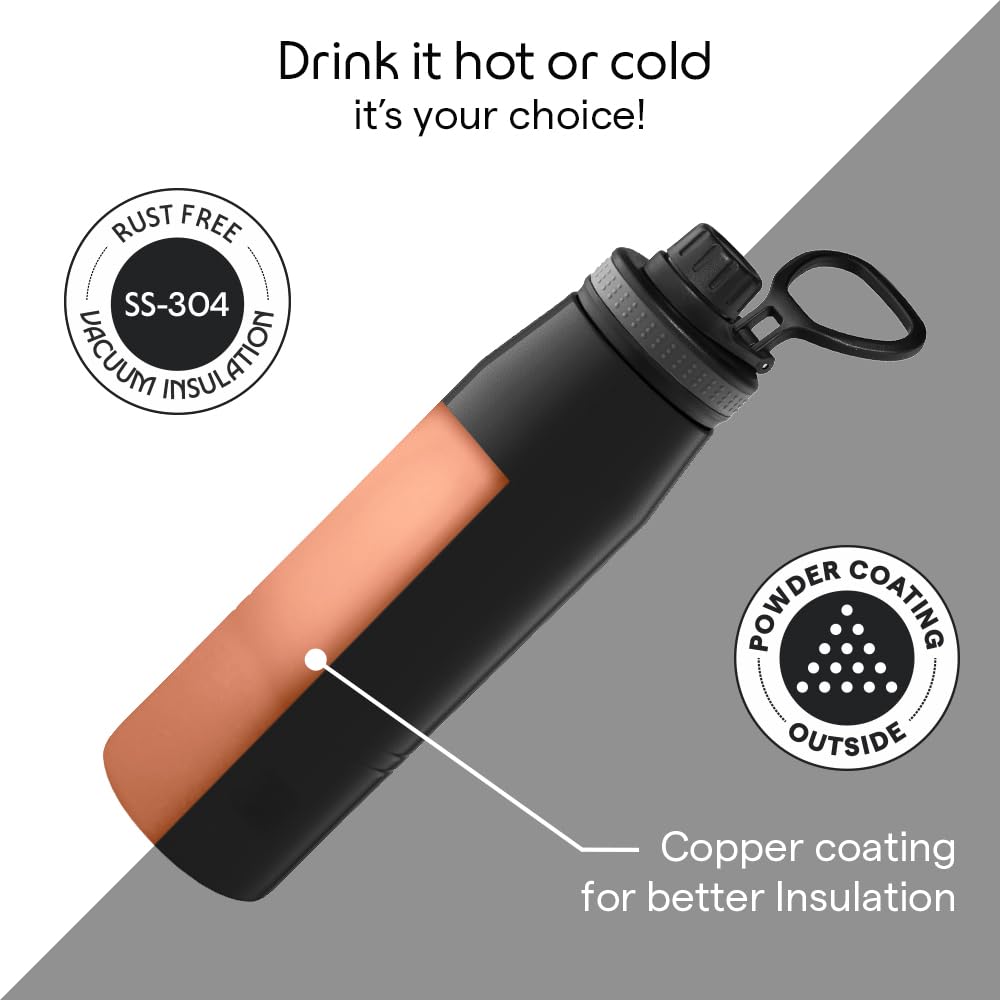 Borosil 900ml Gosports Stainless Steel Water Bottle | Double Wall Vacuum Insulated Flask | Hot 14 Hrs & Cold 18 Hrs | Leakproof, BPA Free | ISI Certified | 1 Year Warranty