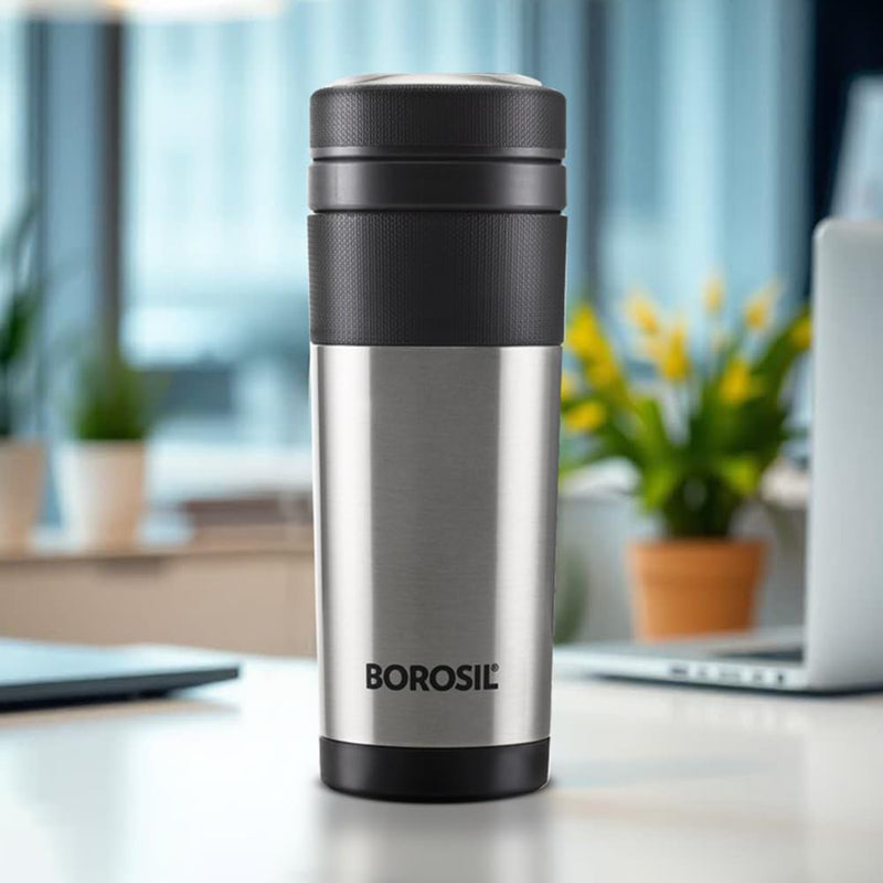 Borosil 350ml Hydra Travelmate Stainless Steel Travel Mug | 8 Hours Hot & 14 Hours Cold | Double Wall Vacuum Insulated | Tea & Coffee Spill Proof Flask for Office, School & College