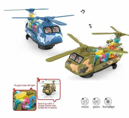 Transparent Gear Helicopter Toy - Lights, Music & Bump-and-Go Action | Kids Toy