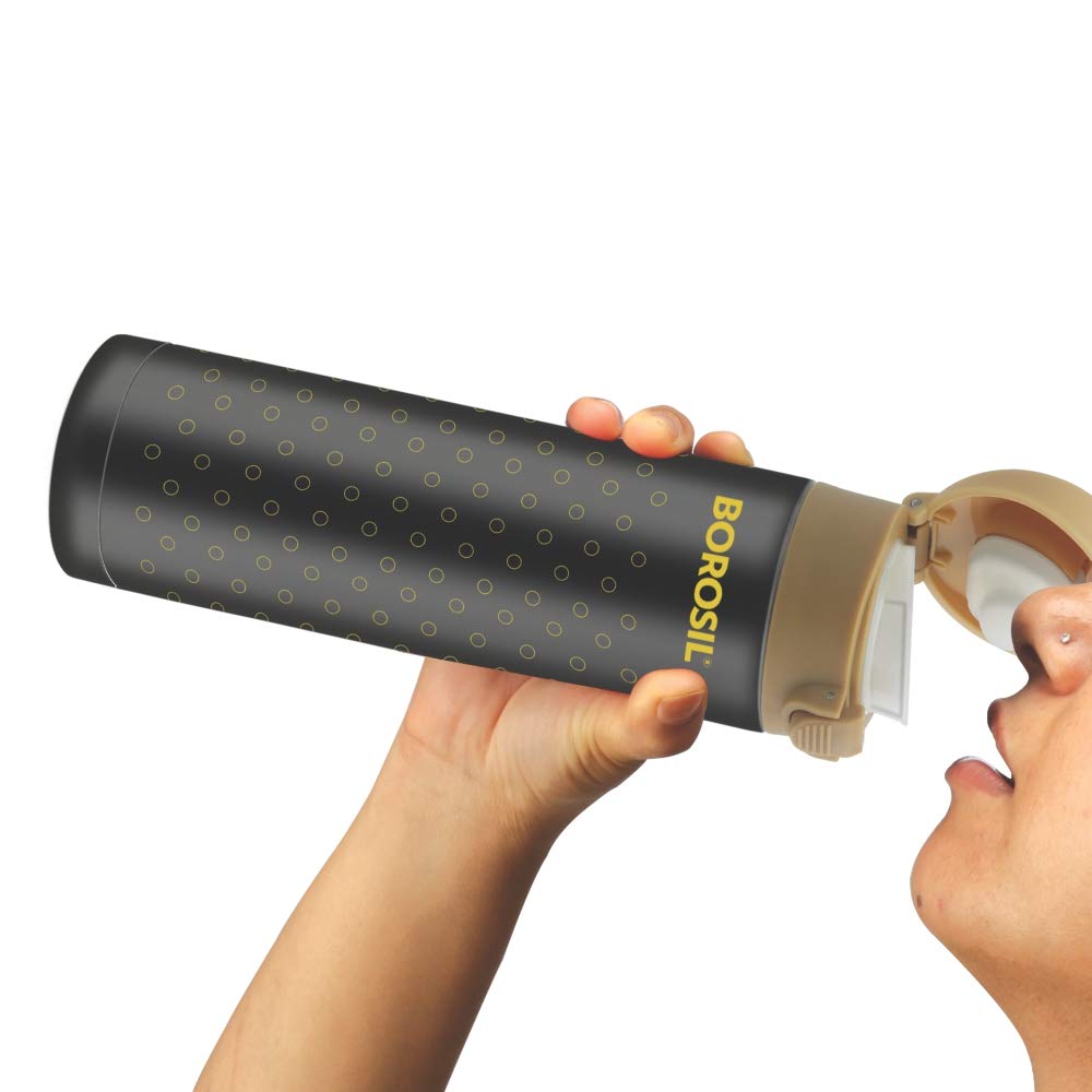 Borosil - Stainless Steel Polka - Vacuum Insulated Flask Flip Top Water Bottle, Black, 350ML