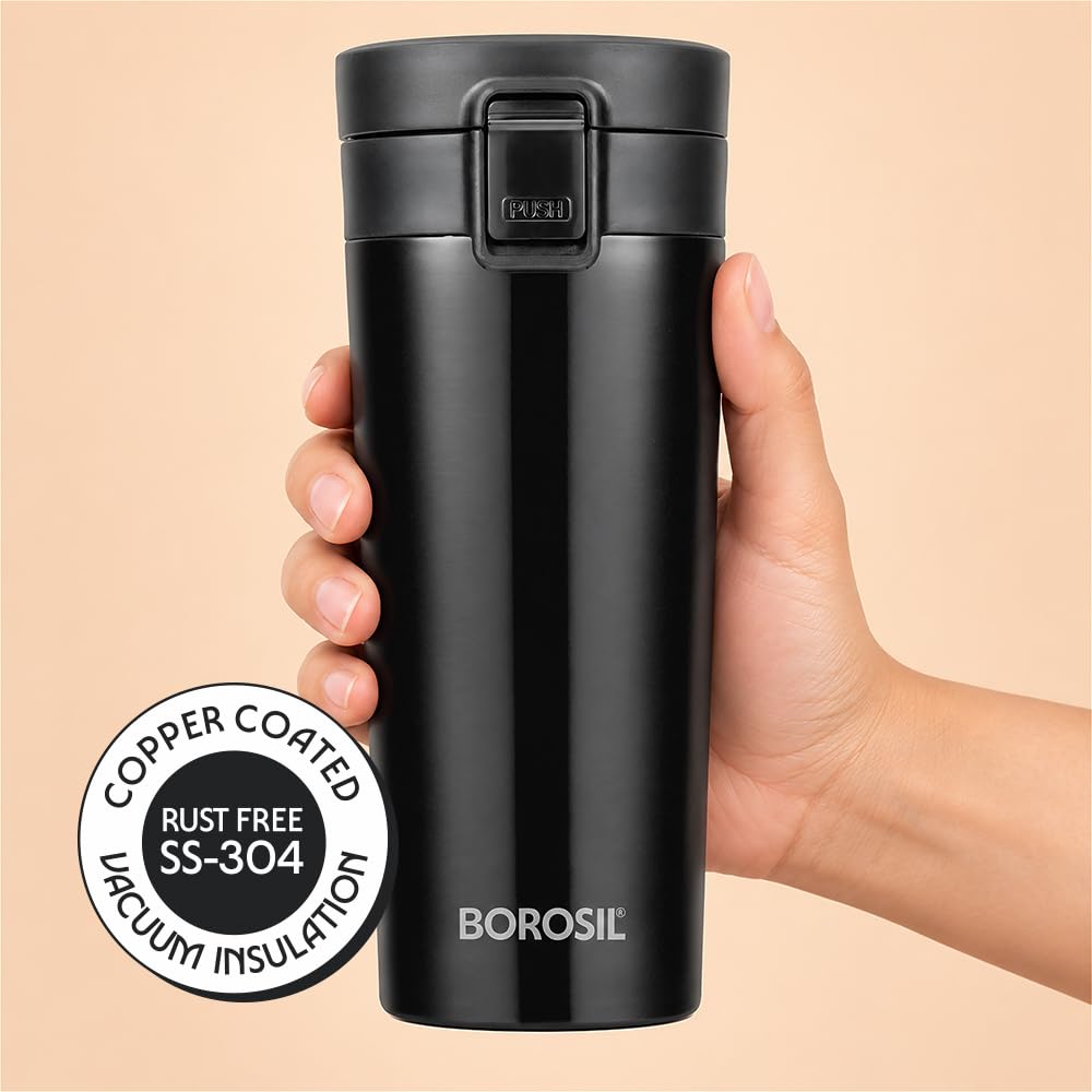 Borosil Coffeemate 380 ml Stainless Steel Vacuum-Insulated Travel Flask, Black