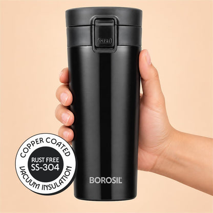 Borosil Coffeemate 380 ml Stainless Steel Vacuum-Insulated Travel Flask, Black