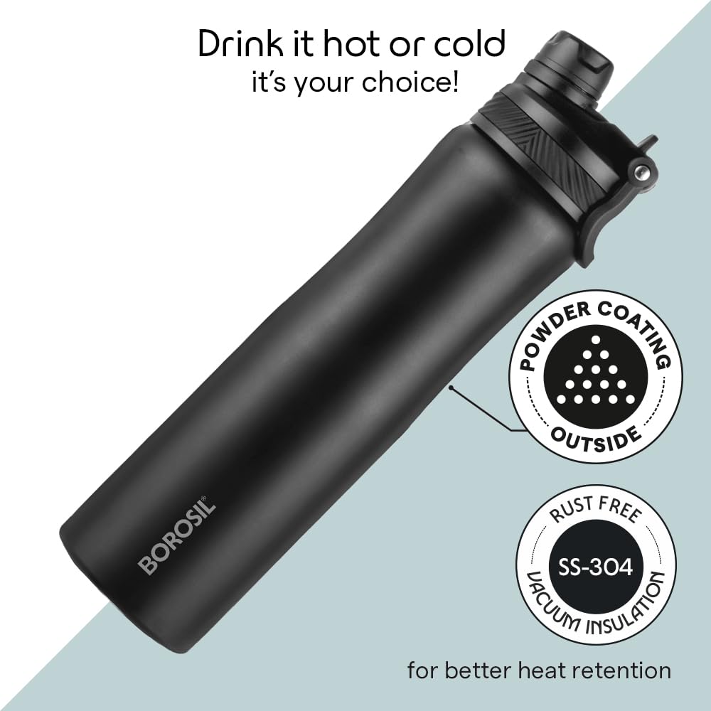 Borosil 800ml Duosport Stainless Steel Bottle with Straw & Sipper Lid | 14 Hrs Hot & 18 Hrs Cold Made in India Double Wall Vacuum Flask | Office, School, Gym & Travel | 1 Year Warranty
