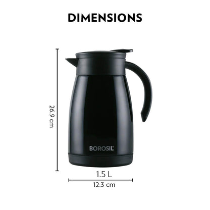 Borosil Stainless Steel 500ml Teapot with Handle | Double Wall Vacuum Insulated Thermosteel Carafe | BPA Free Jug for Tea/Coffee & Juice | 12 Hours Hot & 14 Hours Cold | 1 Year Warranty, Black