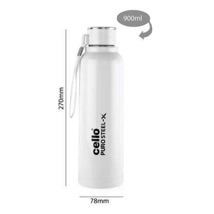 CELLO Puro Steel-X Benz 900 | Leak Proof| Wide Mouth & Easy to Open | Insulated Inner Steel Water Bottle | 730ml | White