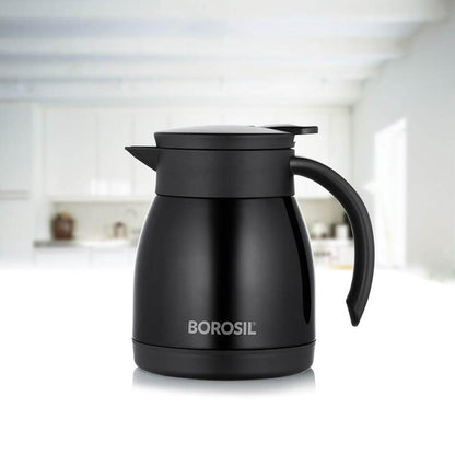 Borosil Stainless Steel 500ml Teapot with Handle | Double Wall Vacuum Insulated Thermosteel Carafe | BPA Free Jug for Tea/Coffee & Juice | 12 Hours Hot & 14 Hours Cold | 1 Year Warranty, Black