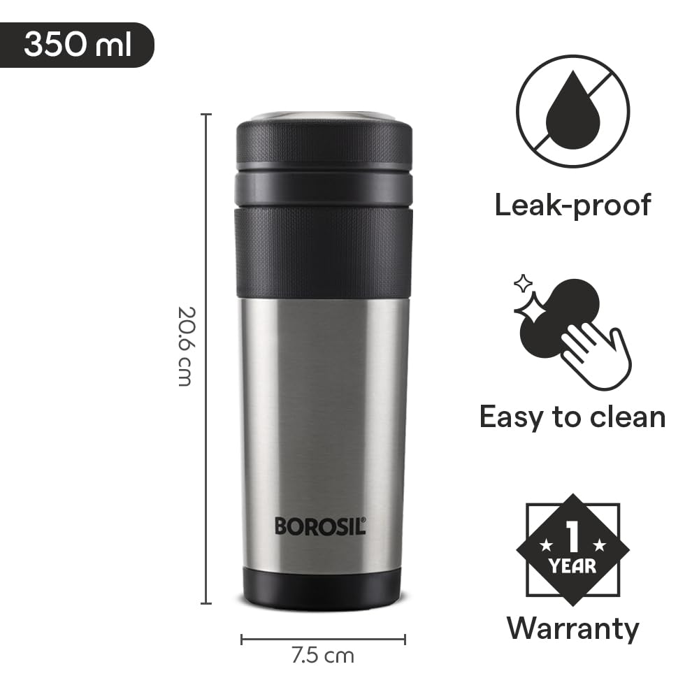 Borosil 350ml Hydra Travelmate Stainless Steel Travel Mug | 8 Hours Hot & 14 Hours Cold | Double Wall Vacuum Insulated | Tea & Coffee Spill Proof Flask for Office, School & College