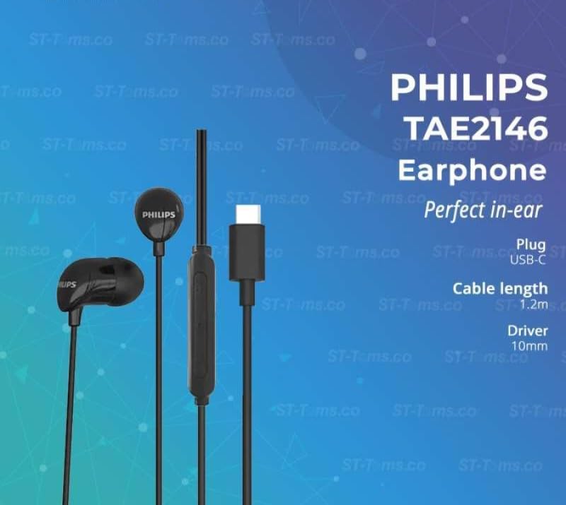 Philips TAE2146BK in-Ear Wired Headphones with USB-C Plug, 10mm Drivers for Deep Dynamic Bass and Clear Sound, in-Line Mic with Call Button, 3 Interchangeable Ear Caps, 1.2m Durable Cable (Black)