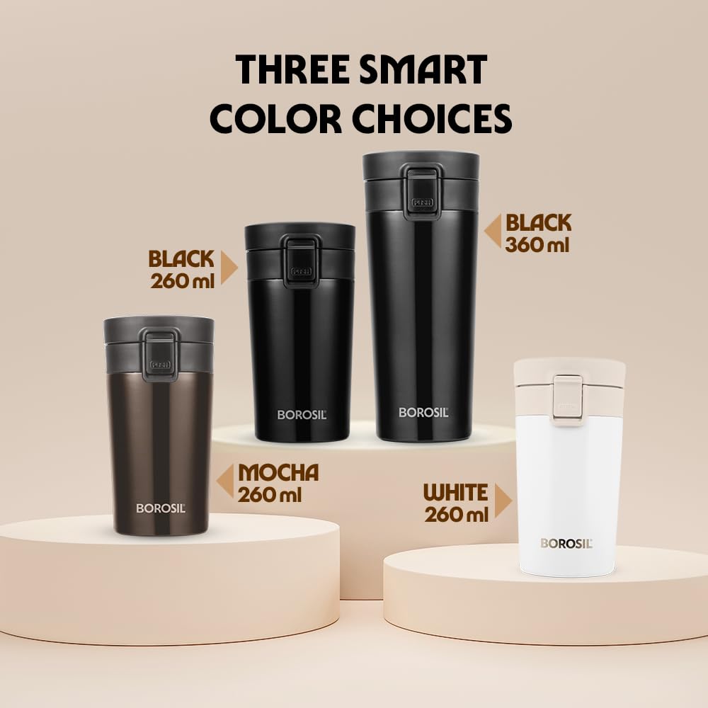 Borosil Coffeemate 380 ml Stainless Steel Vacuum-Insulated Travel Flask, Black