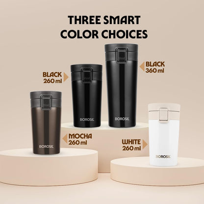 Borosil Coffeemate 380 ml Stainless Steel Vacuum-Insulated Travel Flask, Black