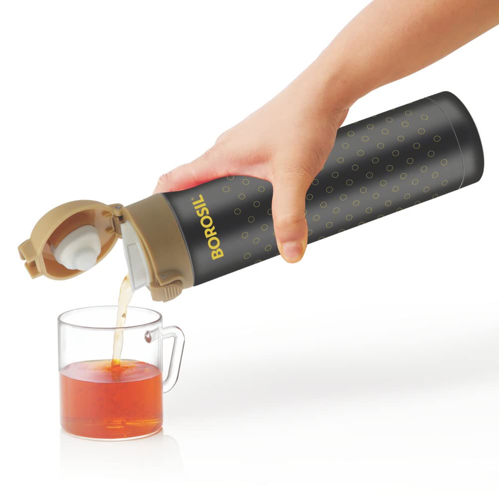 Borosil - Stainless Steel Polka - Vacuum Insulated Flask Flip Top Water Bottle, Black, 350ML