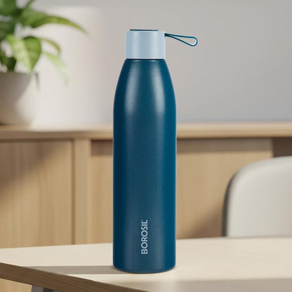 Borosil Hydra 750ml Duomate Blue Stainless Steel Bottle | 24 Hours Hot and Cold Double Wall Vacuum Insulated with Copper Coating | 1 Year Warranty