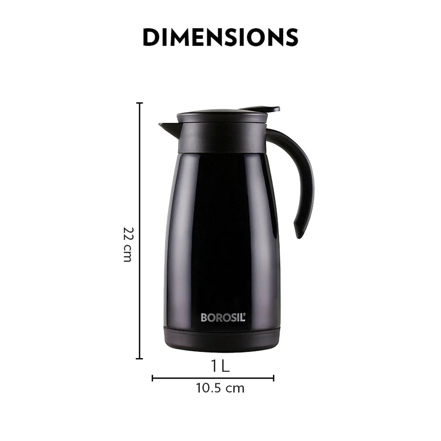 Borosil Stainless Steel 500ml Teapot with Handle | Double Wall Vacuum Insulated Thermosteel Carafe | BPA Free Jug for Tea/Coffee & Juice | 12 Hours Hot & 14 Hours Cold | 1 Year Warranty, Black